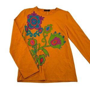 Michael Simon Orange Long Sleeve Floral Embroidered Top Cotton/Spandex Womens S